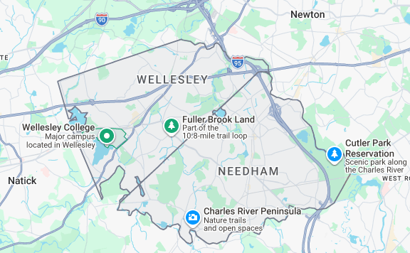 Map of Wellesley and Needham MA showing both towns, Route 95, Wellesley College, and Fuller Brook Land for buyers comparing the two MetroWest Boston communities