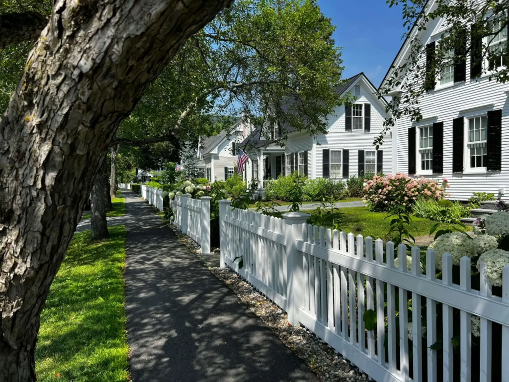 Classic white clapboard colonial homes with white picket fence and hydrangeas on a tree-lined street in a Wellesley, MA neighborhood