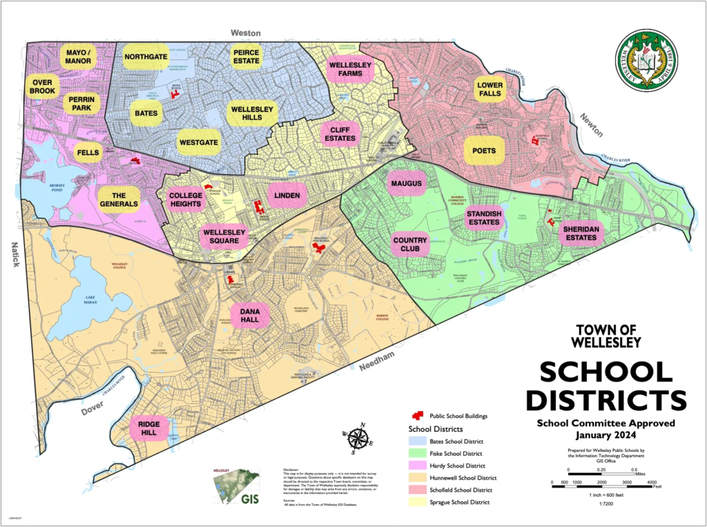 Map of Wellesley, MA neighborhoods overlaid with the six elementary school district boundaries, approved January 2024