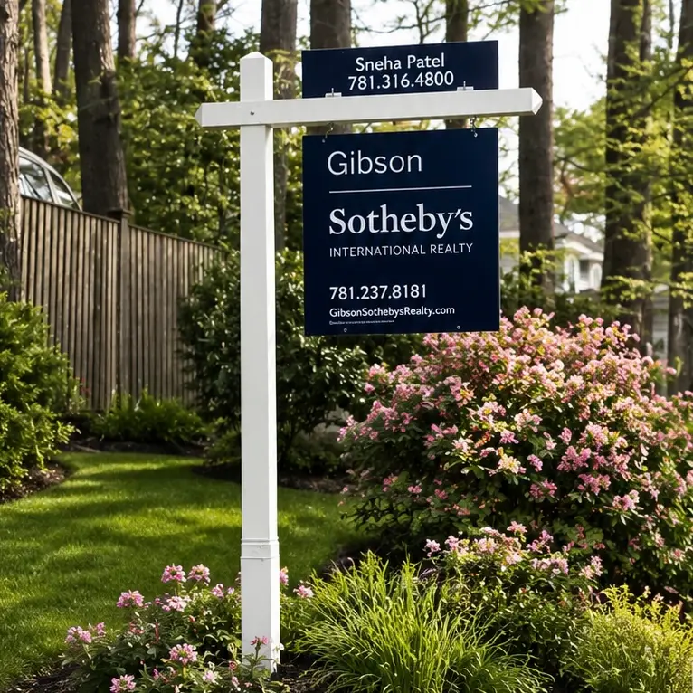 Gibson Sotheby's for sale sign in the front yard of a Massachusetts home